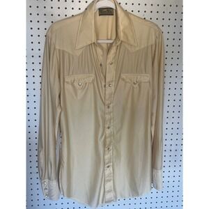 Vintage Tem Tex Mens Gold Western Disco Pearl Snap Shirt Extra Long Tail 16 USA